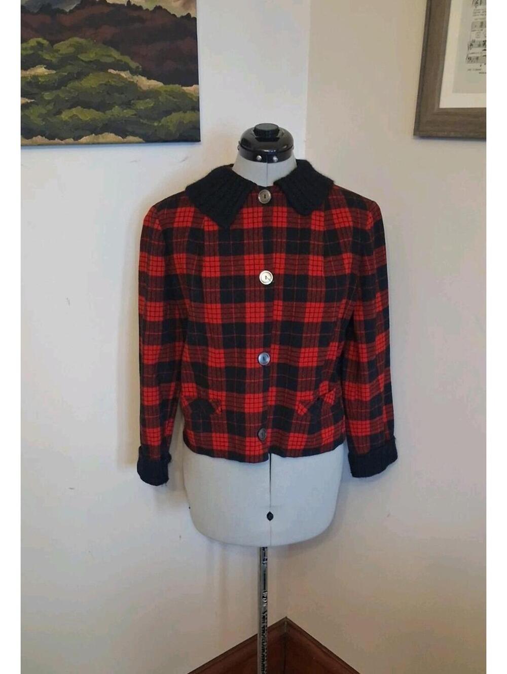 1940s 1950s Pendleton Jacket, Buffalo Plaid Collared Lined Sz S Wool Blazer